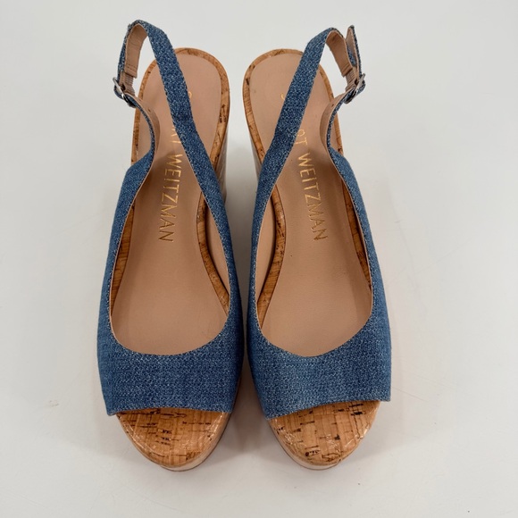 Stuart Weitzman Riviera Blue Denim Wedge Sandals 8 - Picture 3 of 8